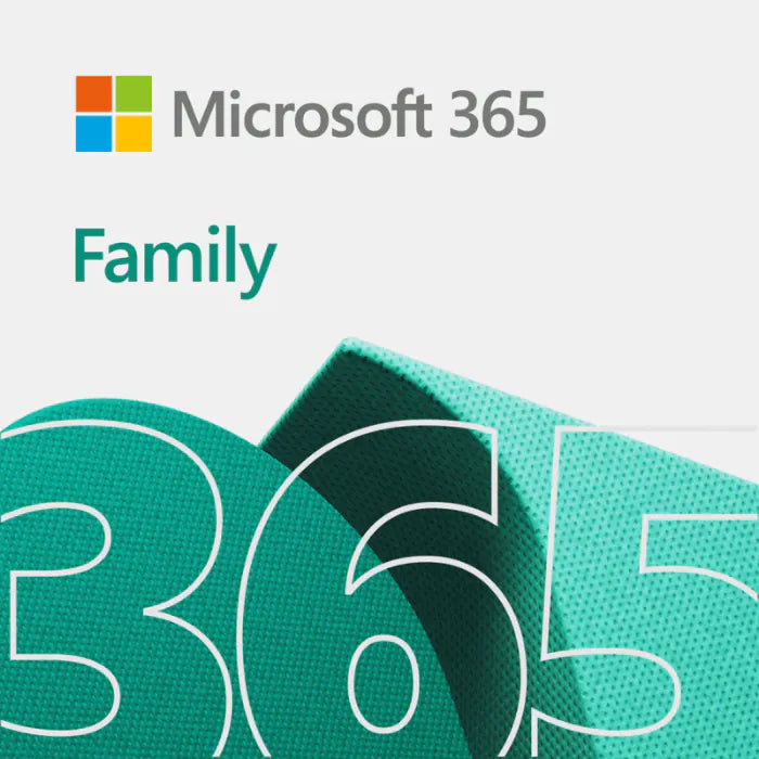 Microsoft 365 Family subscription box art showing the Office apps for up to six users