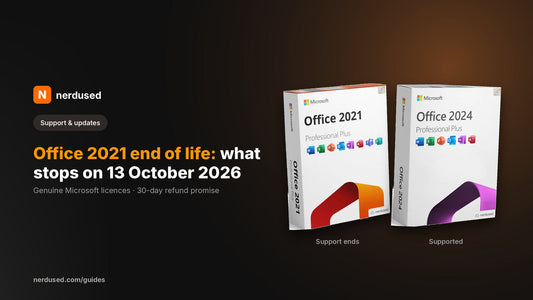 Office 2021 and Office 2024 Professional Plus boxes - Office 2021 end of life on 13 October 2026