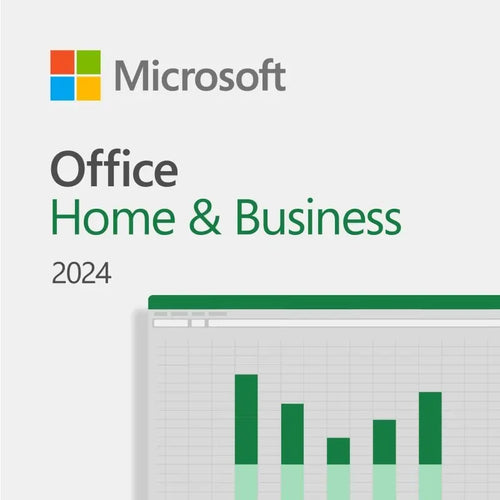 Microsoft Office Home & Business 2024 box art for PC and Mac showing Word, Excel, PowerPoint and Outlook