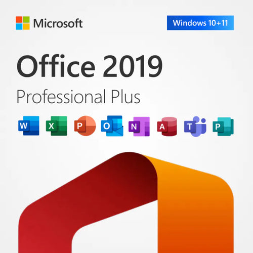 Microsoft Office Professional Plus 2019 box art for Windows showing the Office application suite