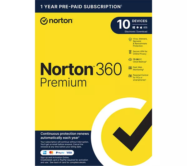Norton 360 Premium box art showing antivirus, VPN and cloud backup protection